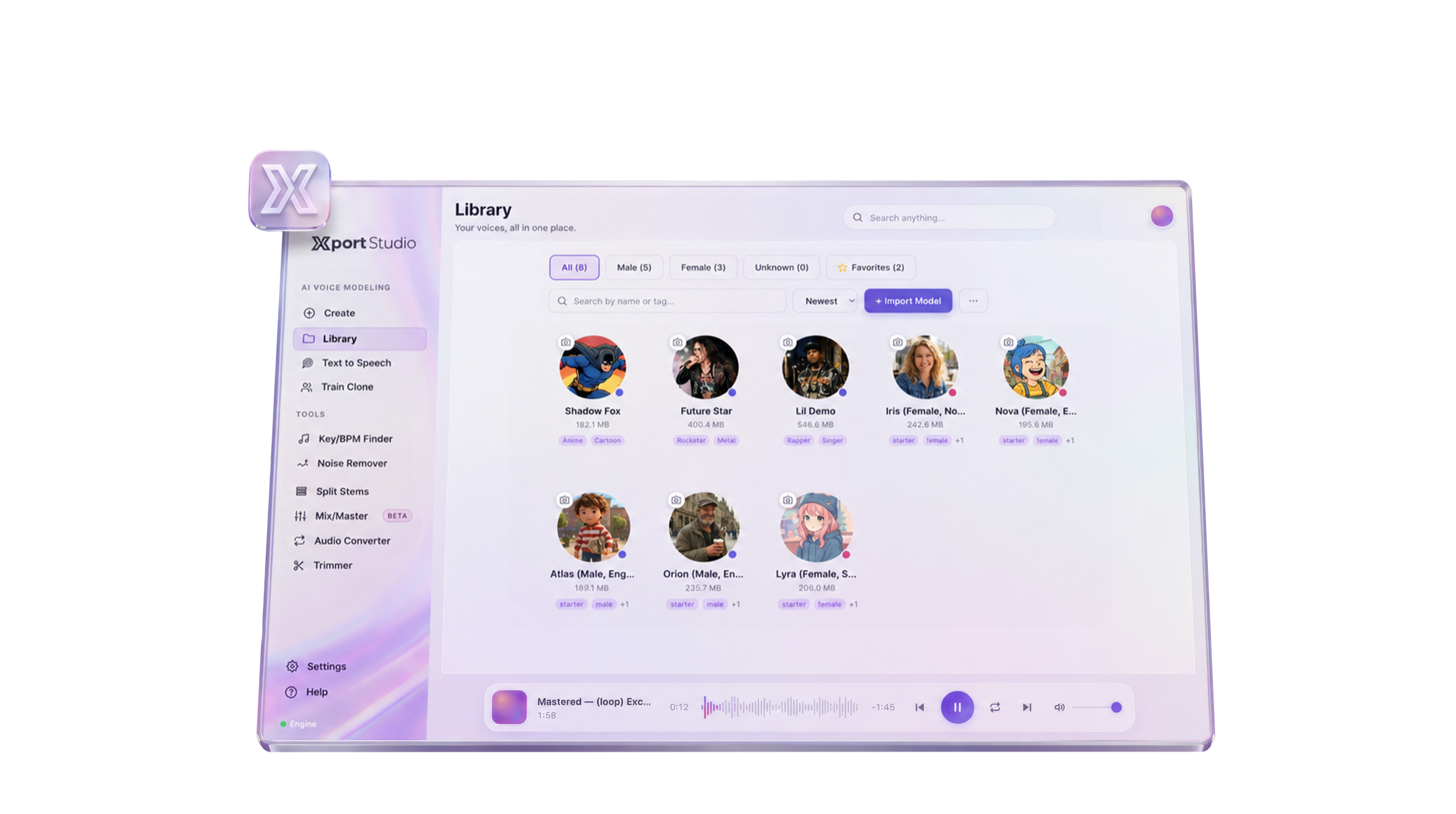 Xport Studio, Library view with voice models, audio player, and AI voice modeling tools.