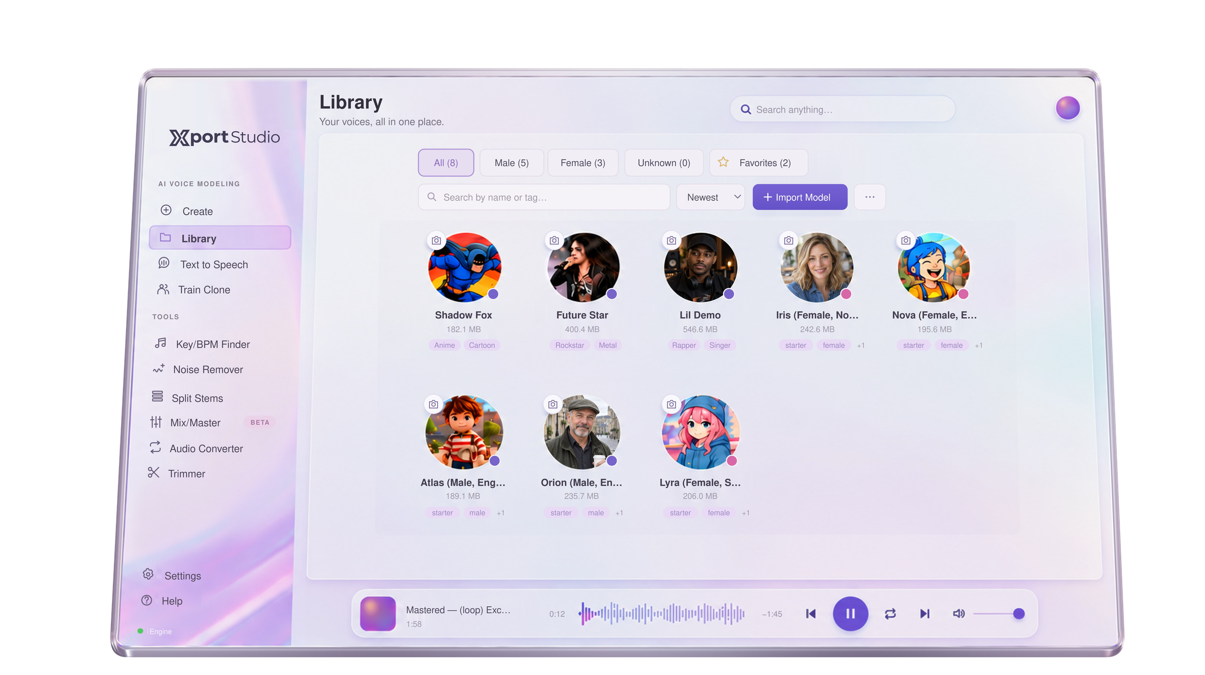 Xport Studio, Library view with voice models, audio player, and AI voice modeling tools.