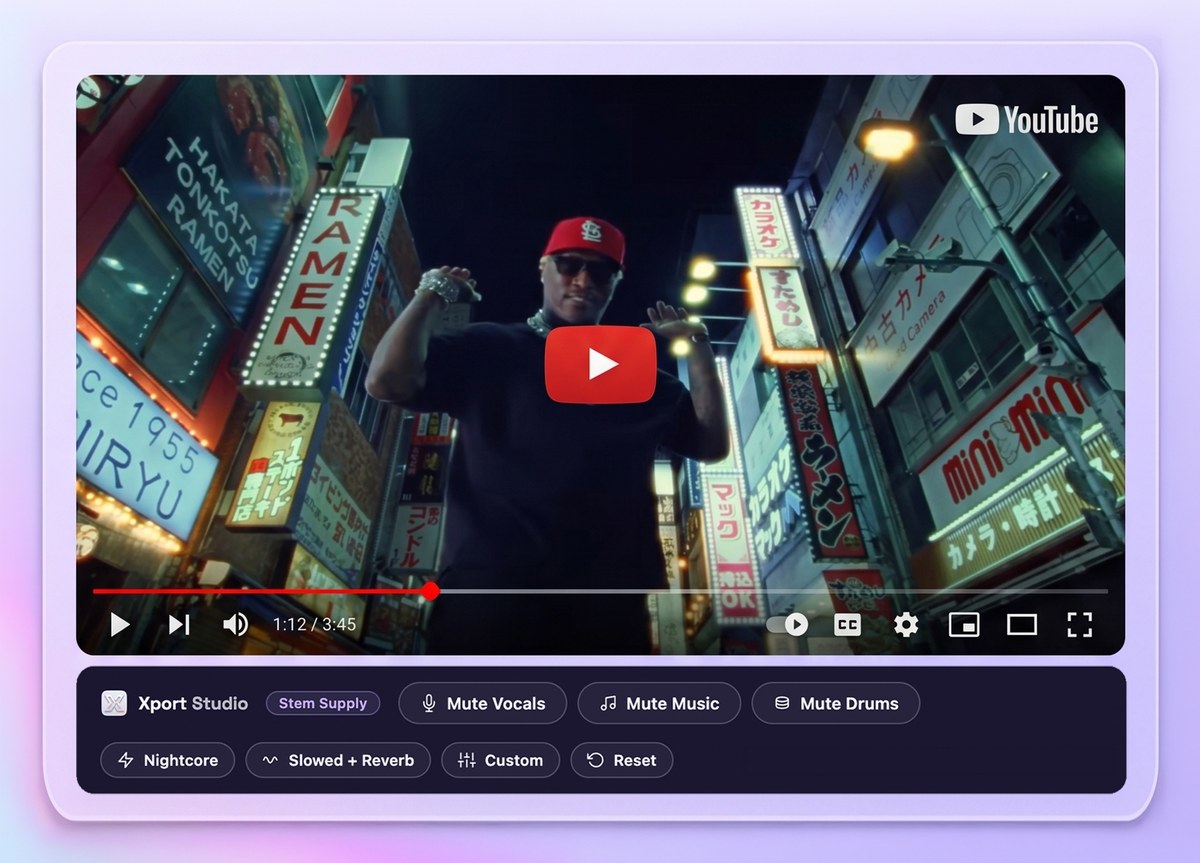 Stem Supply's toolbar under a YouTube video, showing Mute Vocals, Mute Music and Mute Drums buttons alongside Nightcore, Slowed + Reverb, Custom and Reset.
